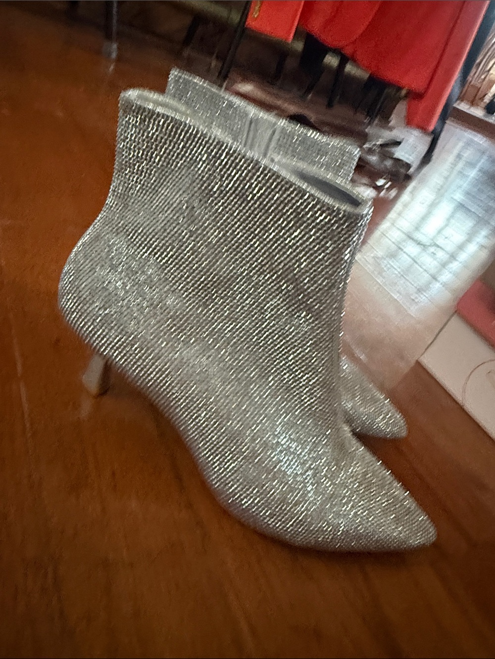 Alex Marie Glitter Crystal-Embellished Pointed Ankle Boots in Silver